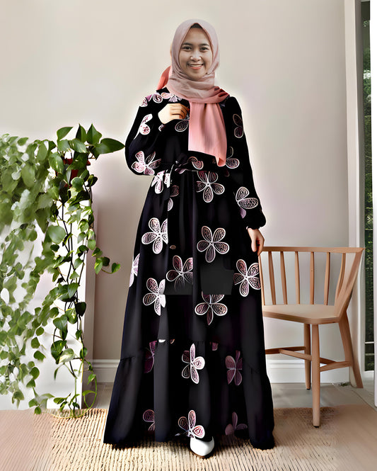 Black & White Flora layered Premium Abaya