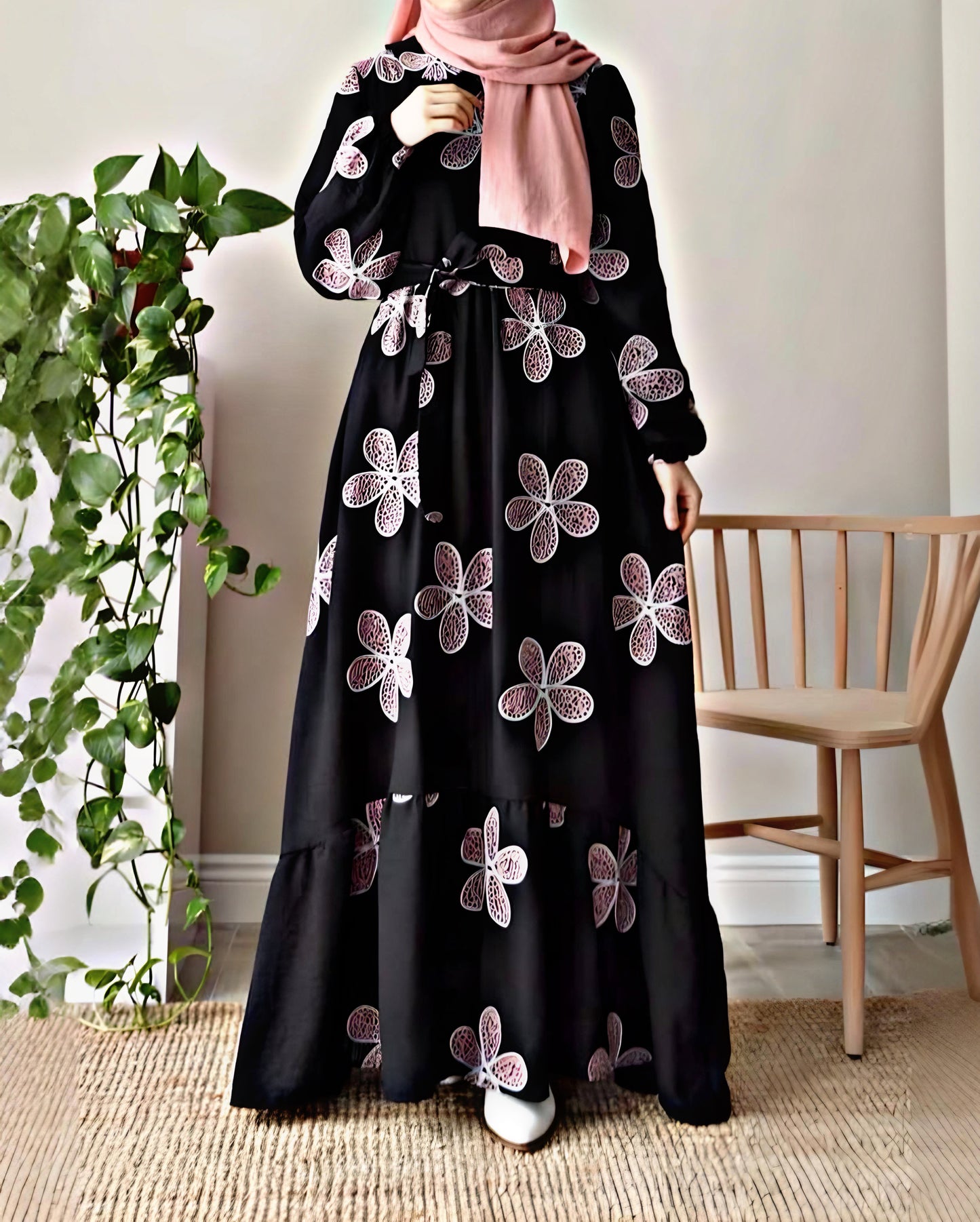Black & White Flora layered Premium Abaya